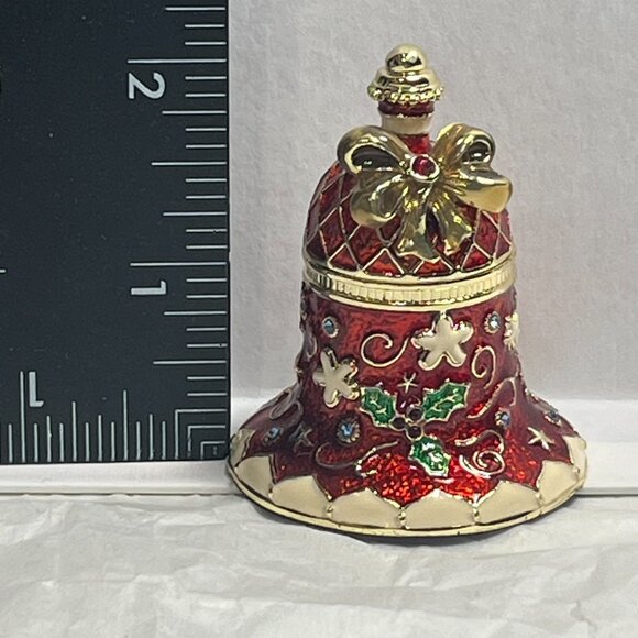 Red and Gold Jingle Bell Jeweled Enamel Trinket Box Hinged Magnetic Collectible - Picture 5 of 7